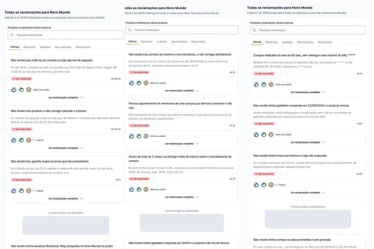 Reclamações sobre a Novo Mundo listadas no Reclama Aqui
