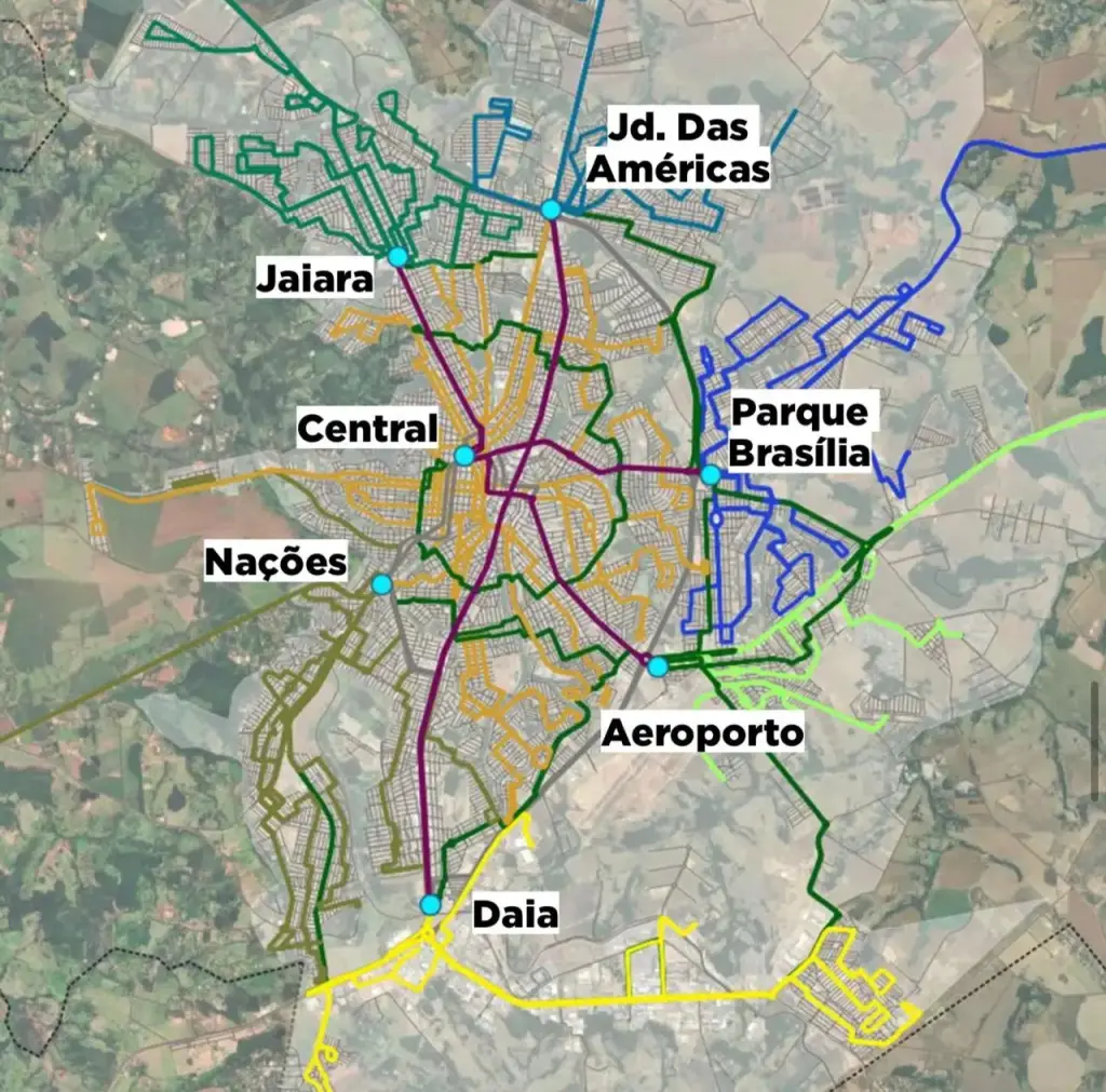 Mapa divulgado pelo Jornal Opção dos possíveis novos terminais e linhas de ônibus. (Imagem: Reprodução/Jornal Opção) 